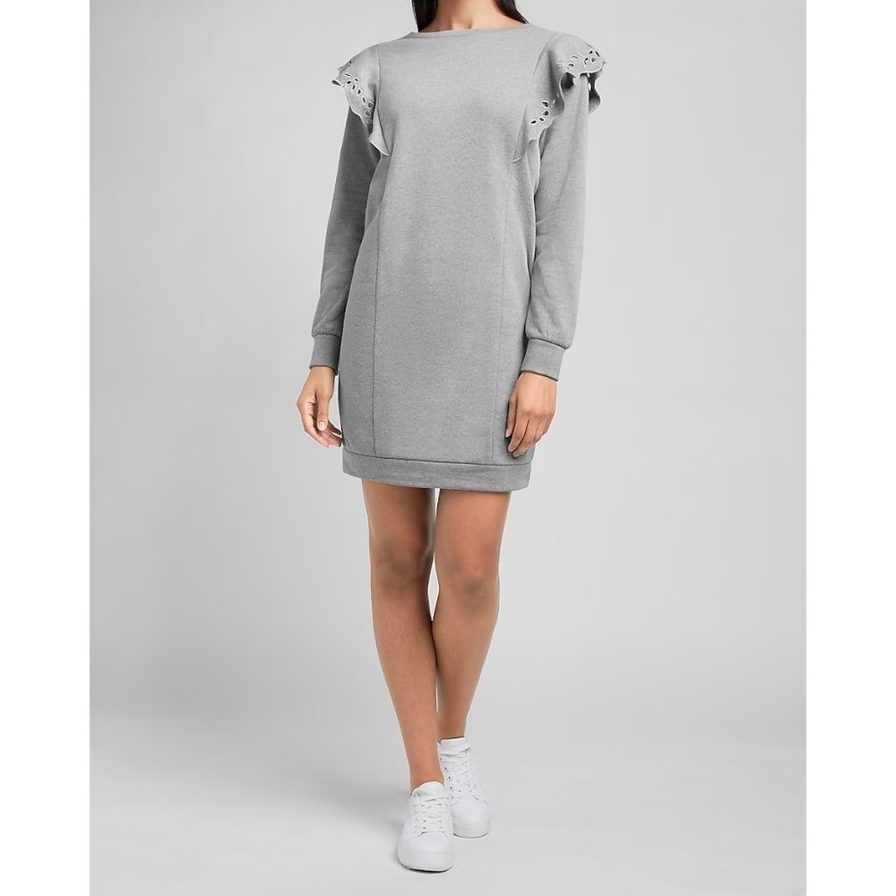 NEW Express Gray Eyelet Ruffle Sweatshirt Dress Women's XS Casual Mini